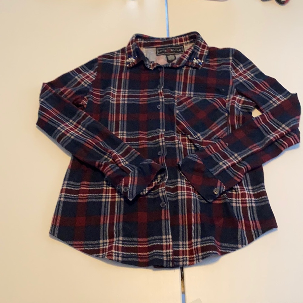 Plaid Flannel Shirt with Jeweled Collar